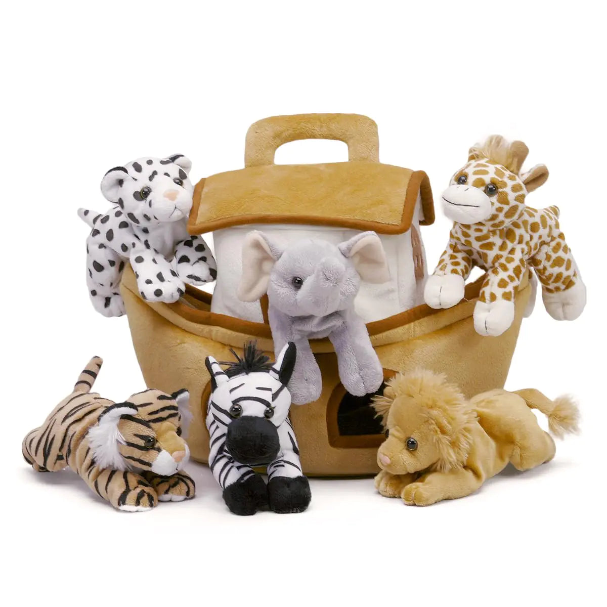 Noahs Ark with Animals - Six (6) Stuffed Animals (Lion Zebra Tiger Giraffe Elephant and White Tiger) in Play Ark Carrying Case
