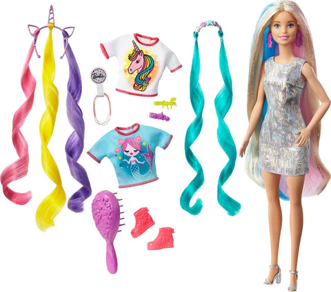 Barbie Fantasy Hair Doll & Accessories Long Colorful Blonde Hair with Mermaid and Unicorn-Inspired Clothes