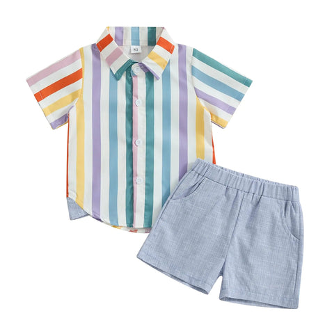 Kupretty Baby Boy Color Block Short Sleeve Button Down Shirt + Shorts  (Colorful Stripe 18-24 Months)