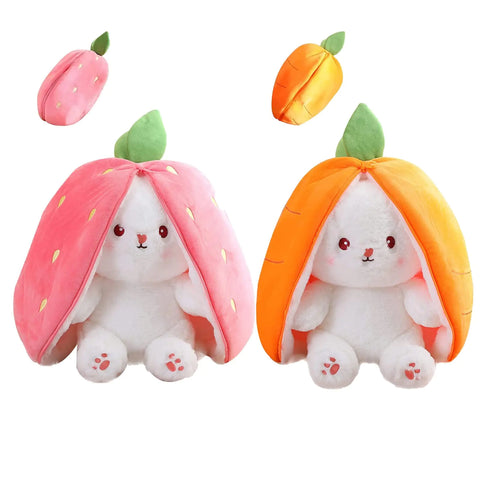 Mukorolee 2PCS Reversible Bunny Plush Dolls (10" Strawberry+Carrot)