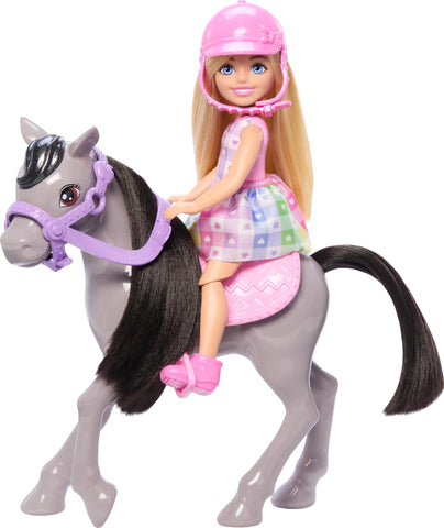 Barbie Chelsea Doll & Toy Horse Set Includes Helmet Accessory & Saddle Doll Bends at Knees to “Ride” Gray Pony