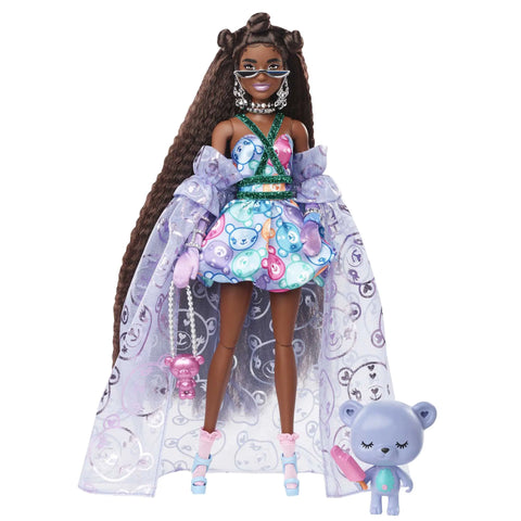 Barbie Extra Fancy Fashion Doll & Accessories Dressed in a Teddy-Print Gown with Sheer Train Plus Teddy Bear Pet