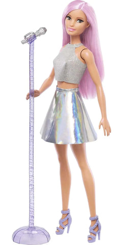 Barbie Careers Fashion Doll & Accessory Pop Star with Pink Hair & Brown Eyes Wearing Iridescent Skirt with Microphone