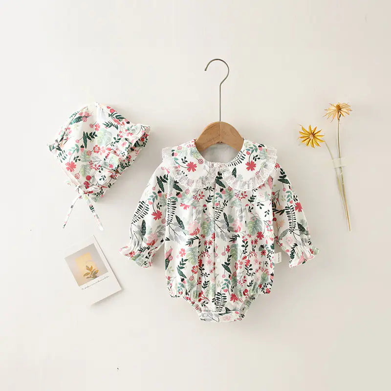 Newborn Cotton Baby Floral Onesie with Matching Hat