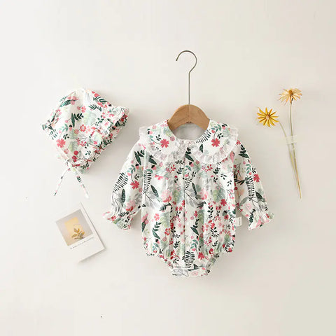 Newborn Cotton Baby Floral Onesie with Matching Hat