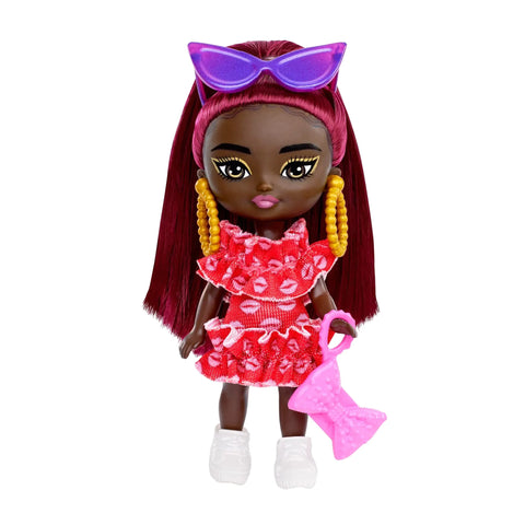 Barbie Extra Mini Minis Doll with Burgundy Hair Red Ruffle Dress and Accessories