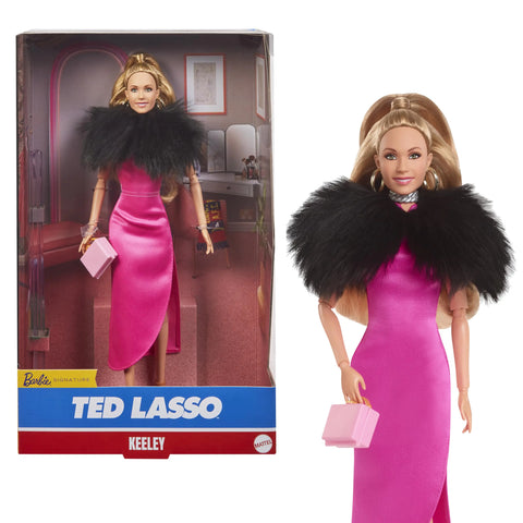 Barbie Signature Doll Keeley from Ted Lasso Wearing Pink Dress & Faux Fur Shawl Collectible with Displayable Packaging