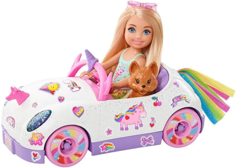 Barbie Chelsea Doll & Toy Car with Unicorn Theme Blonde Small Doll in Removable Skirt Pet Puppy Sticker Sheet & Accessories