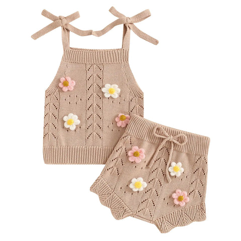 Doisbetthsay Toddler Girl Fall Outfits Knit Baby Clothes Tie-up Camisole With Elastic Waist Shorts 2 Pcs Clothing Set (A Khaki 12-18 Months)