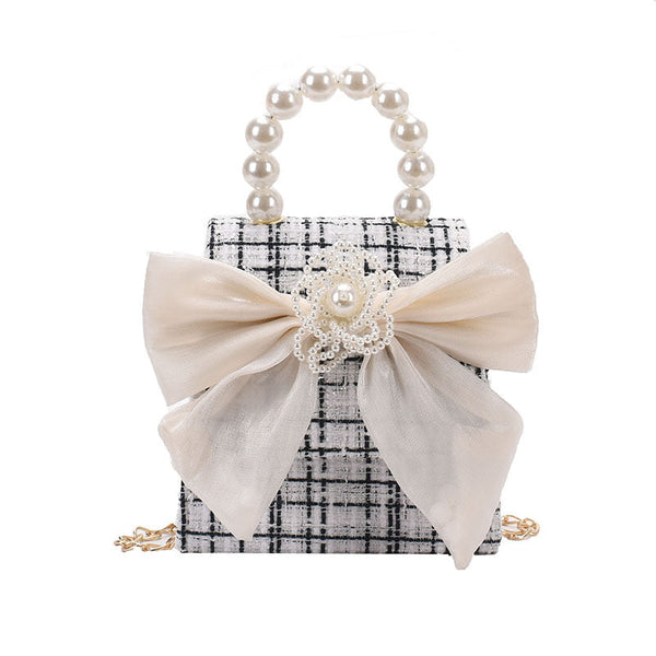Stylish Girls’ Portable Beaded Bow-Tie Crossbody Handbag With Bow