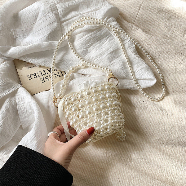Stylish Handmade Girls’ Portable Beaded Beige Crossbody Handbag
