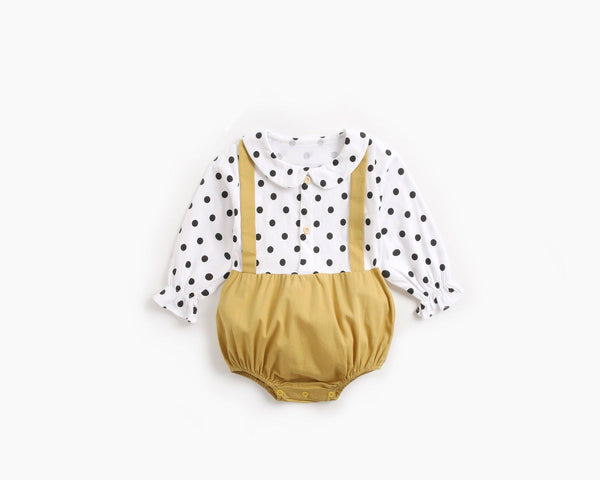 Polka Dot Pattern Collar Design Fake Two Piece Backless Long Sleeve Onesies