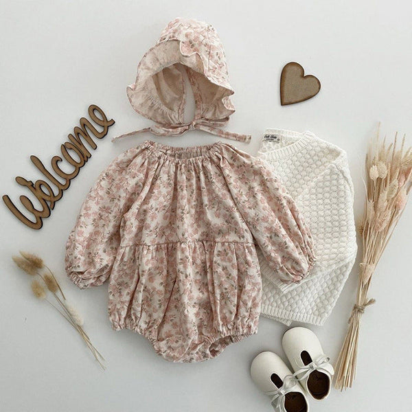 Floral Graphic Long Sleeve Cotton Bodysuit With Hat