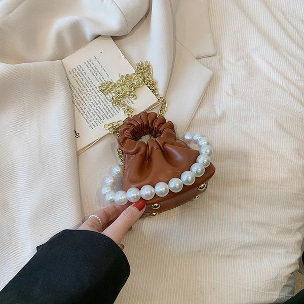 Stylish Girls’ Beaded Round Top Pearl Handle Crossbody Handbag