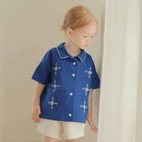 Baby Girls Short Sleeves Flowers Pattern Embroidered Shirt