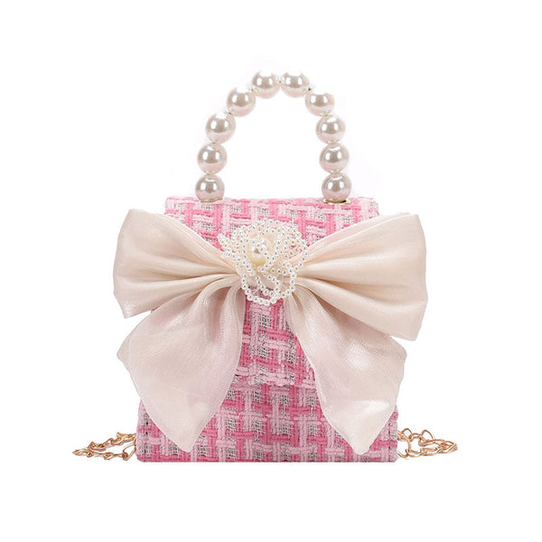 Stylish Girls’ Portable Beaded Bow-Tie Crossbody Handbag With Bow