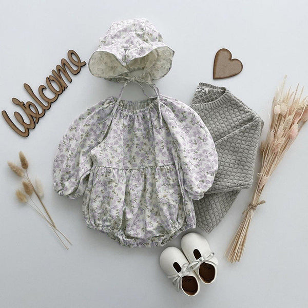 Floral Graphic Long Sleeve Cotton Bodysuit With Hat