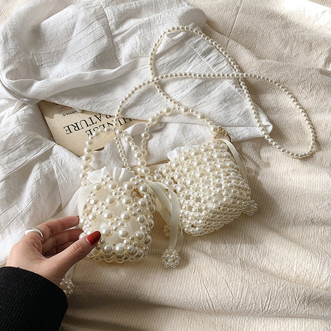 Stylish Handmade Girls’ Portable Beaded Beige Crossbody Handbag