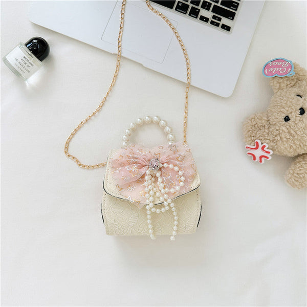 Stylish Floral Girls’ Portable Beaded Crossbody Handbag