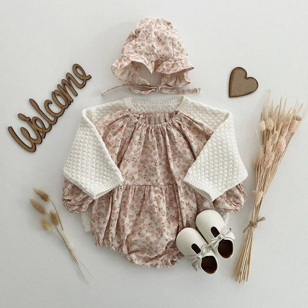 Floral Graphic Long Sleeve Cotton Bodysuit With Hat