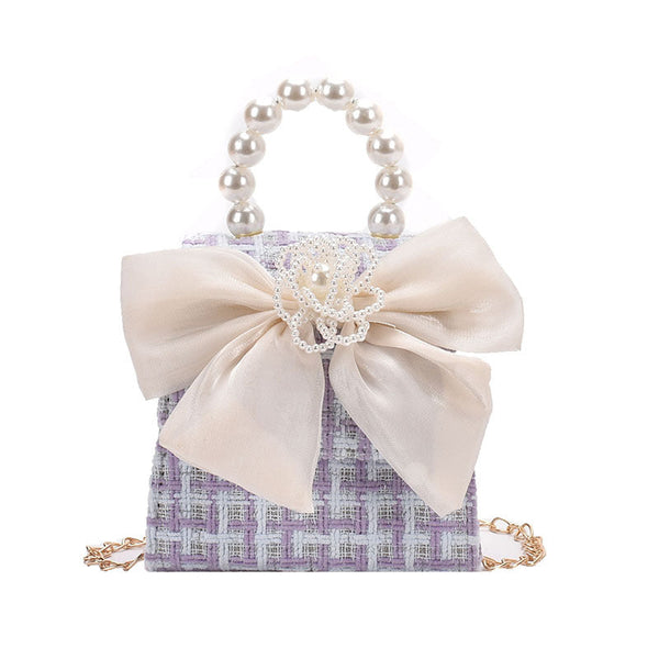 Stylish Girls’ Portable Beaded Bow-Tie Crossbody Handbag With Bow