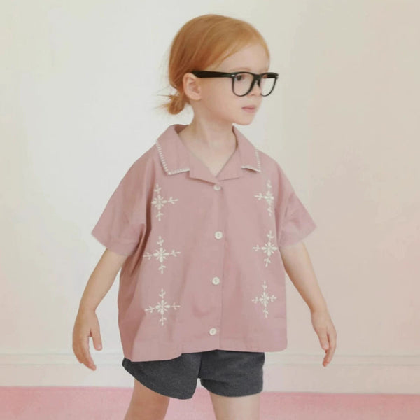 Baby Girls Short Sleeves Flowers Pattern Embroidered Shirt