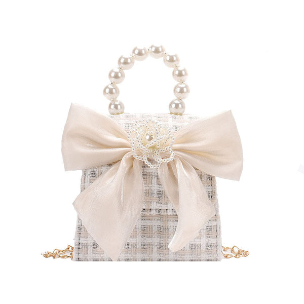 Stylish Girls’ Portable Beaded Bow-Tie Crossbody Handbag With Bow