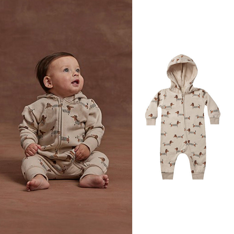 Baby Cartoon Dog Print Pattern Zipper Front Design Quality Warm Jumpsuit