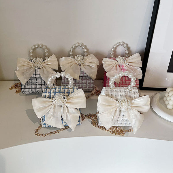 Stylish Girls’ Portable Beaded Bow-Tie Crossbody Handbag With Bow