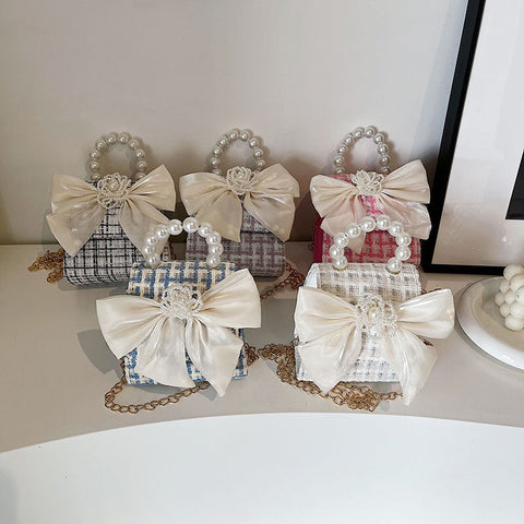 Stylish Girls’ Portable Beaded Bow-Tie Crossbody Handbag With Bow