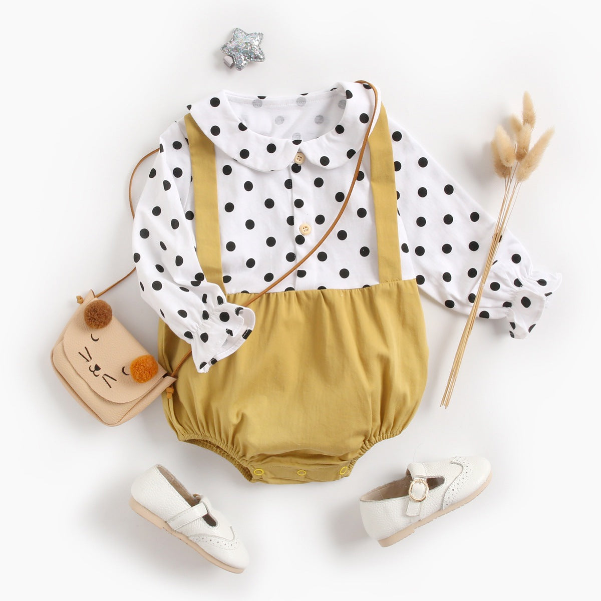Polka Dot Pattern Collar Design Fake Two Piece Backless Long Sleeve Onesies