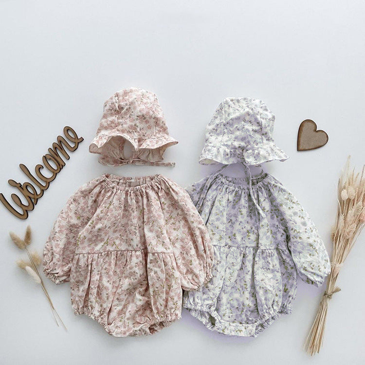 Floral Graphic Long Sleeve Cotton Bodysuit With Hat
